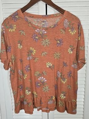 Sonoma Rufflle Hem Relaxed Short Sleeve Orange Multi Color Floral Shirt XXL